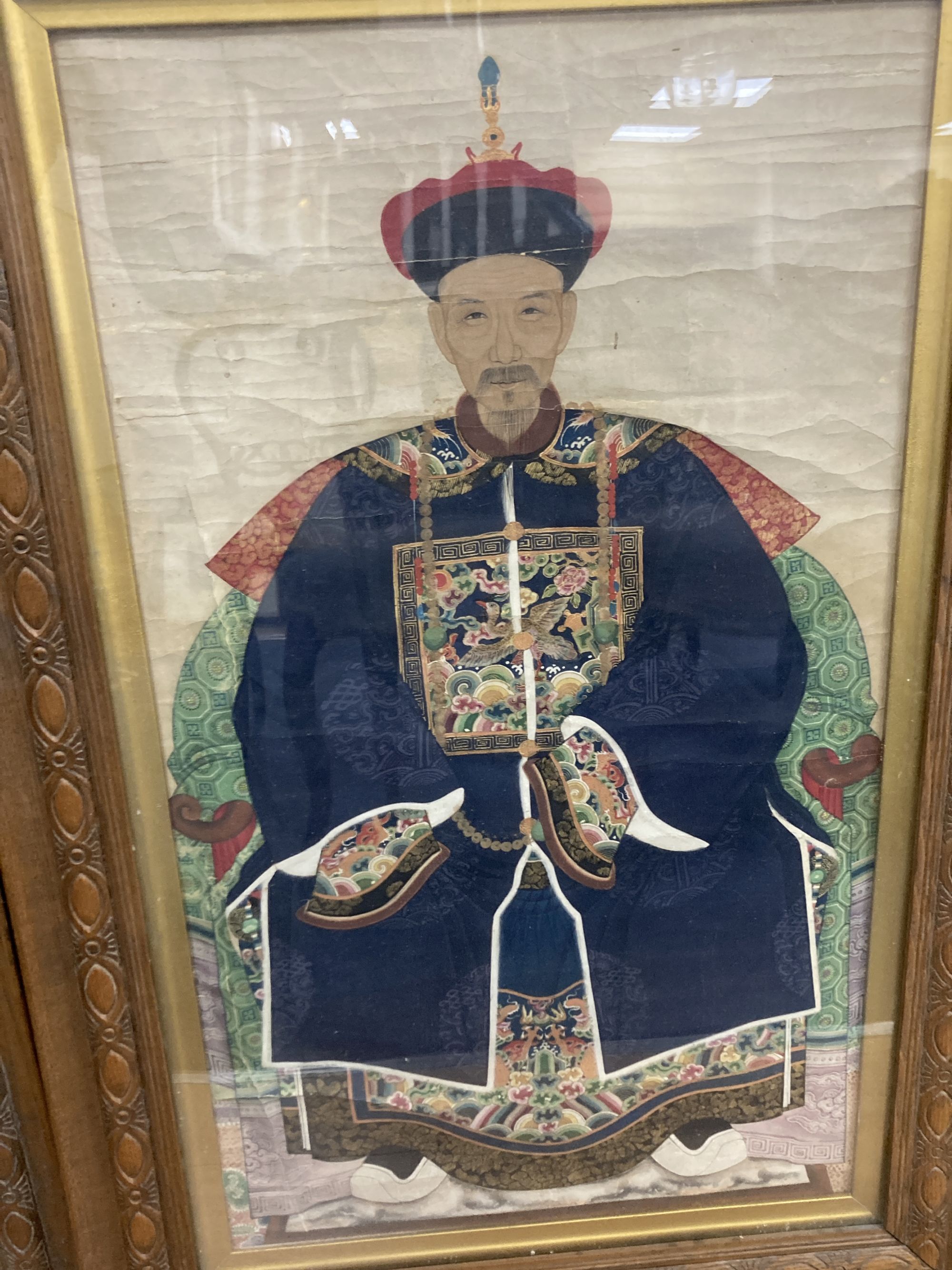 A pair of Chinese painted ancestor portraits, late Qing, 71 x 40cm